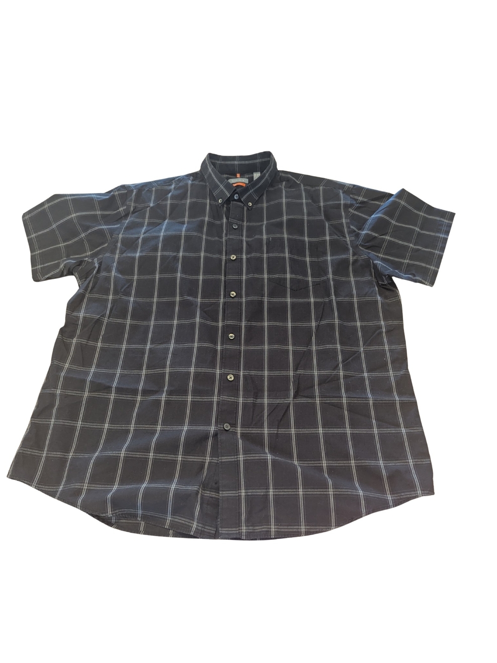 Van Heusen Mens XXL 18 18.5 Traveler Short Sleeve Button Down Black Plaid Shirt